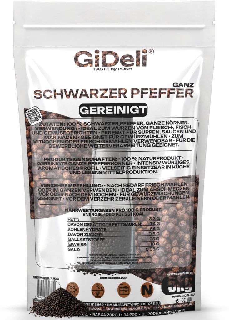 Zwarte peper, 5 kg, hele peperkorrels, kruiden, koken, Productafbeelding 