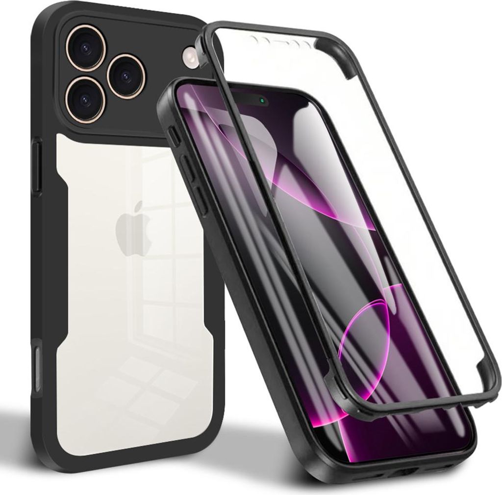 A black and clear iPhone case with a screen protector is shown against a white background.