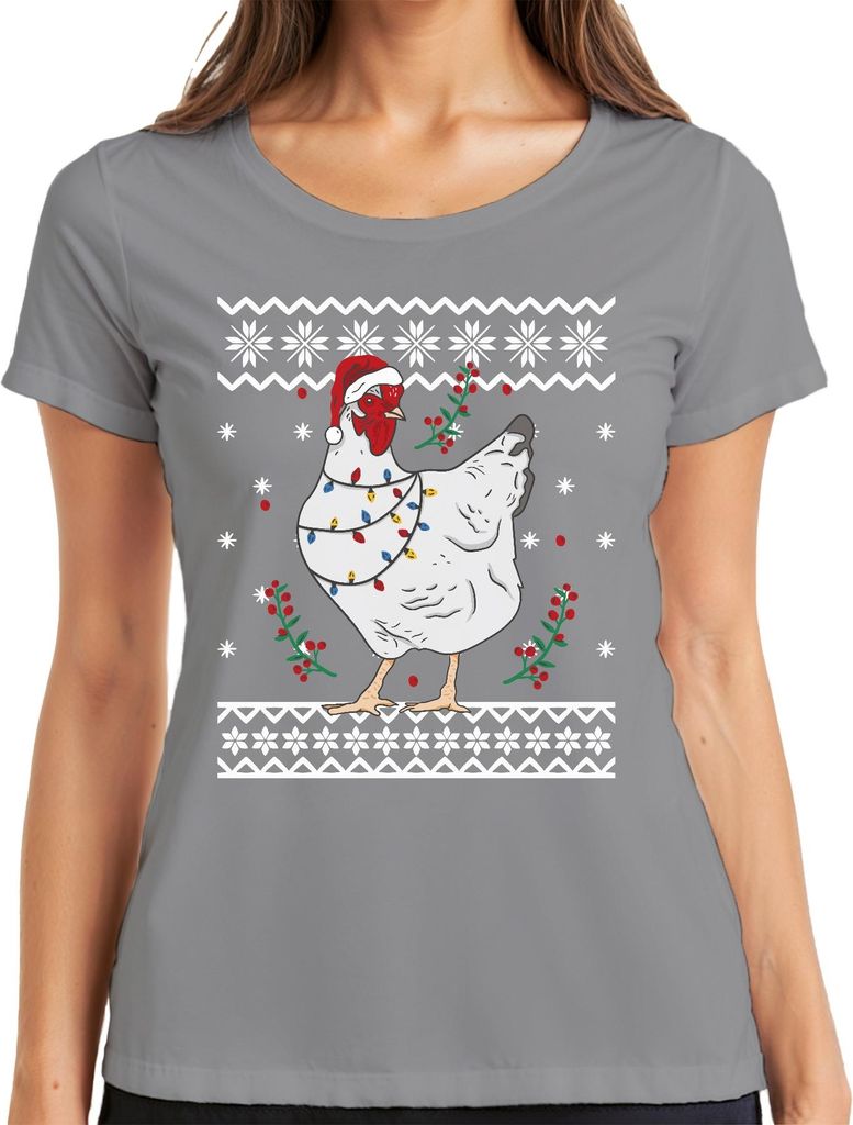 Huhn Weihnachtsmütze Hühnerfreunde - Ugly Christmas Sweater Weihnachten Damen T-Shirt, Grau, L