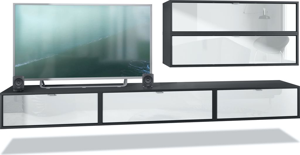 Vladon Wohnwand Lana V2 Anbauwand aus 5 Hängeelementen mit 12 Fächern, Germany, Korpus in Schwarz matt, Fronten in Weiß Hochglanz | Große Farba...