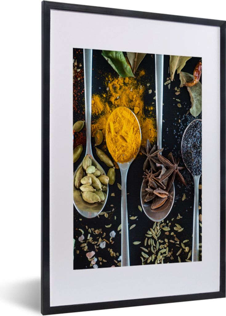 MuchoWow Gerahmtes Poster Kräuter - Löffel - Gewürze - Schwarz - Küche 40x60 cm - Poster mit Schwarzem Bilderrahmen Wandposter Rahmen Foto Bi...