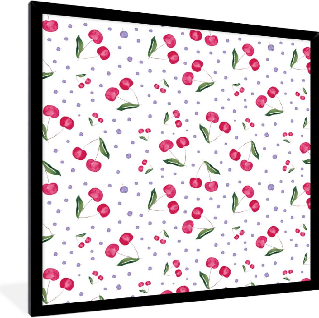 MuchoWow Gerahmtes Poster Kirschen - Weiß - Muster 40x40 cm - Poster mit Schwarzem Bilderrahmen Wandposter Rahmen Foto Bilder - Mit Rahmen - Wan...