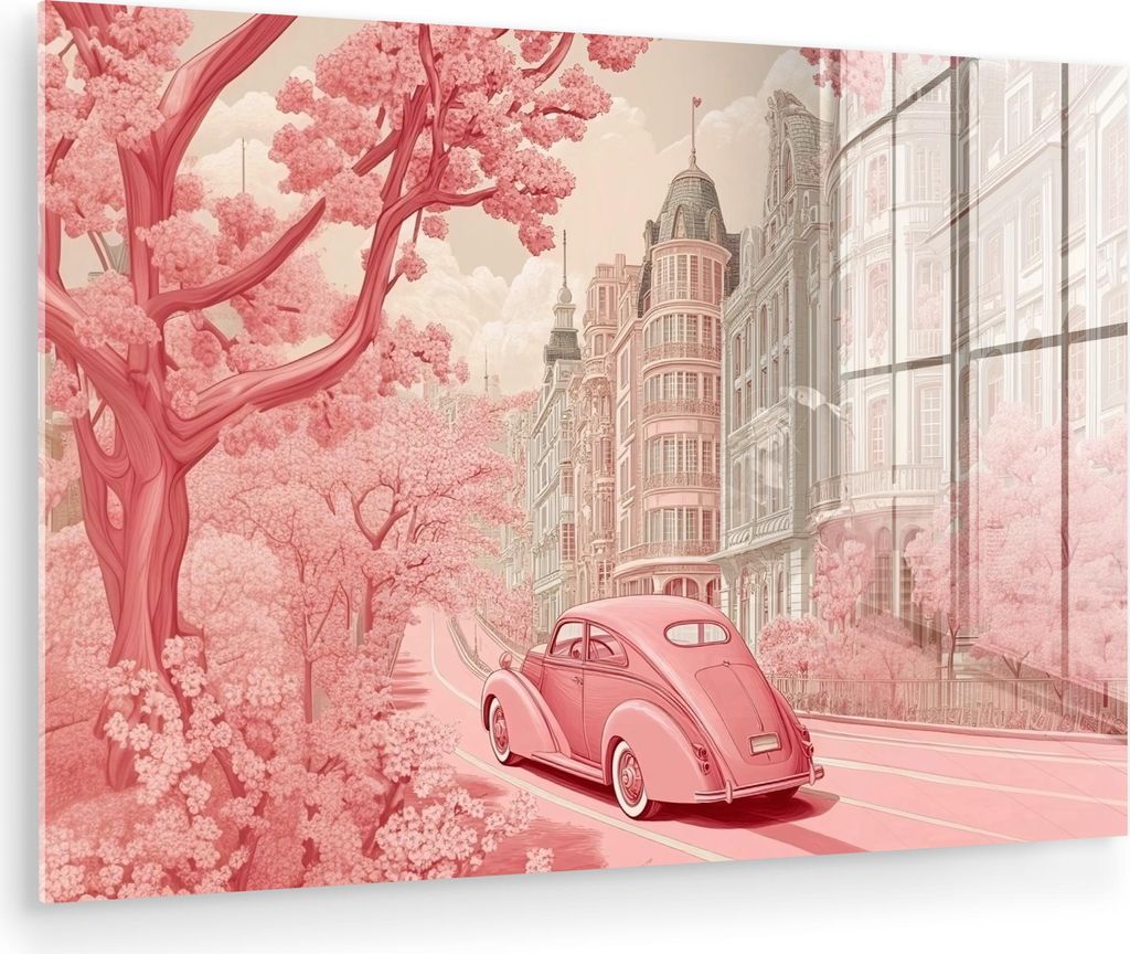 MuchoWow Glasbilder - Bilder auf Wandbild - Foto auf Glas Stadt - Auto - Rosa 90x60 cm Wanddekoration aus Glas - Acrylglasbild - Acrylbilder - Wand...