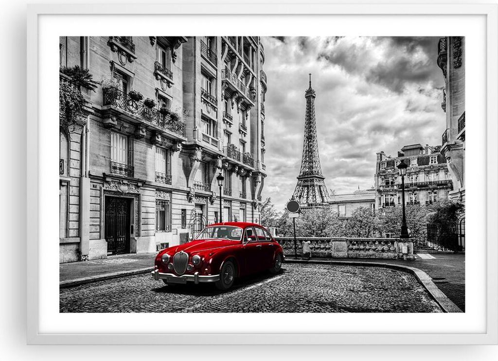 Gerahmtes Poster - Weißer Rahmen - Auto Eiffle Straße Gebäude - 70x50 cm - Wand Bild - Wanddeko - Wandbilder - Wandposter - Bilderrahmen - Bilde...