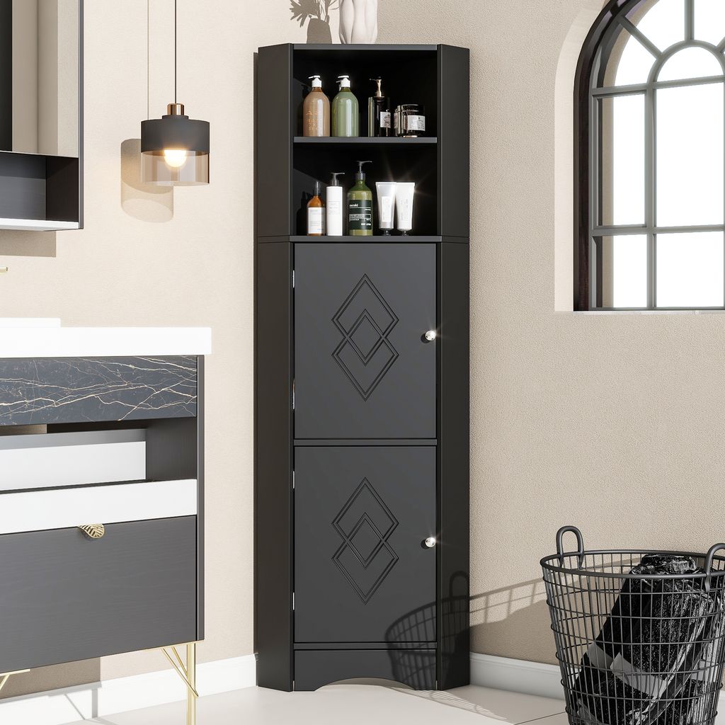 A black corner cabinet with shelves and doors, placed in a bathroom setting next to a sink and a window.