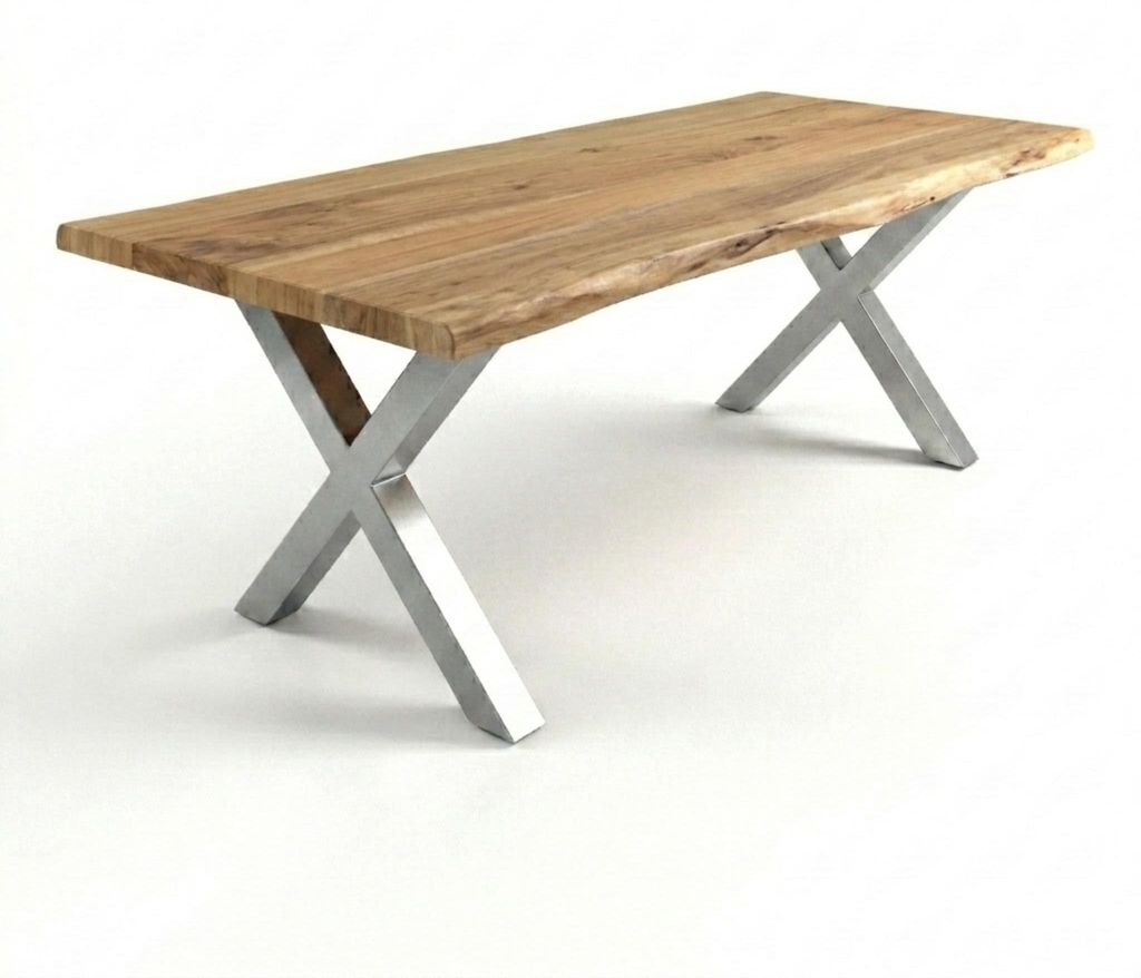 Baumkantentisch Cali 280 x 110 cm, Akazienholz massiv naturfarben, 50 mm Tischplatte, Esstisch mit X-Metallgestell Silber, Industrial-Design