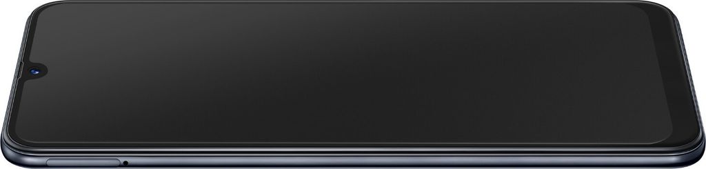 A smartphone with a dark screen, lying flat on a white surface.