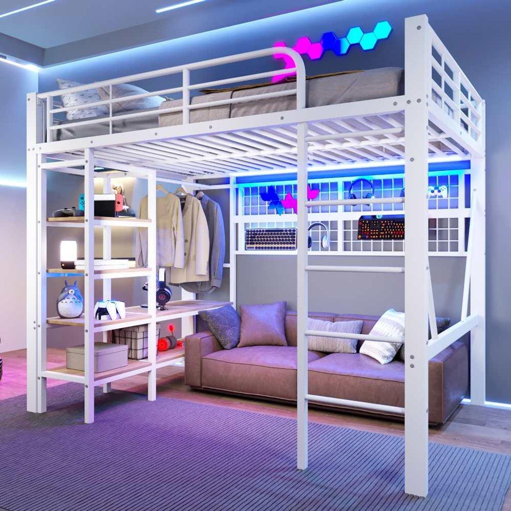 Schwarzes Metall-Hochbett mit LED, Ablagefach & Kleiderstange, ideal für Stauraum & Organisation, inkl. Aufhängnetz, 90 x 200 cm.