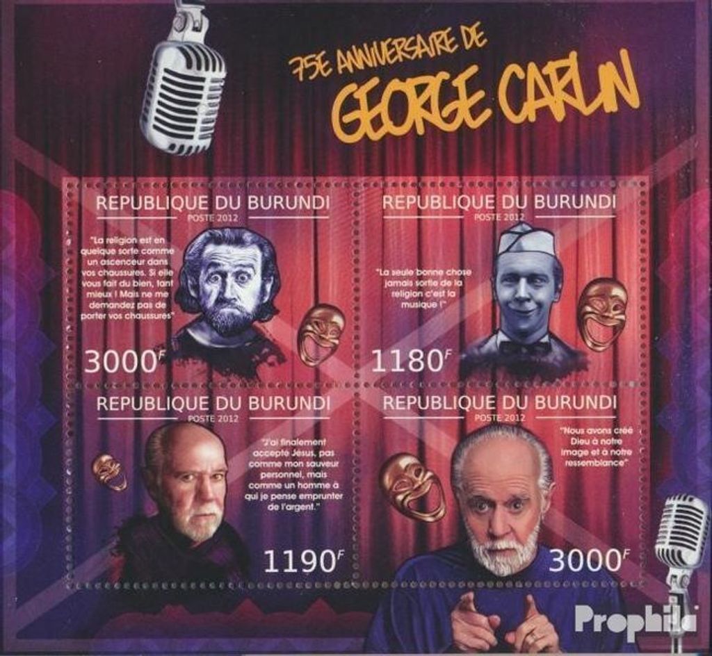 Briefmarken Burundi 2012 Mi 2655-2658 Kleinbogen (kompl. Ausgabe) postfrisch George Carlin (75. Jahrestag)