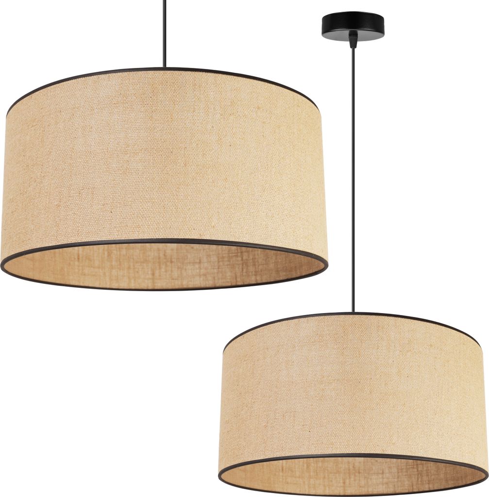 Light-Home Juta Hängelampe - Metall mit Lampenschirm aus Stoff - E27 - Klassisch 1-Flammig 45 cm - Schwarz Basis und Jute und Schwarz Schrägband