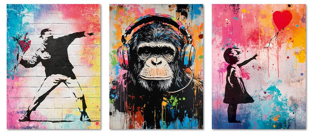 ARTFAVES Poster Set - Colorful Banksy I mehrteilige Bilderwand für Wohnzimmer, Schlafzimmer I Wandbilder Street-Art I ohne Bilderrahmen