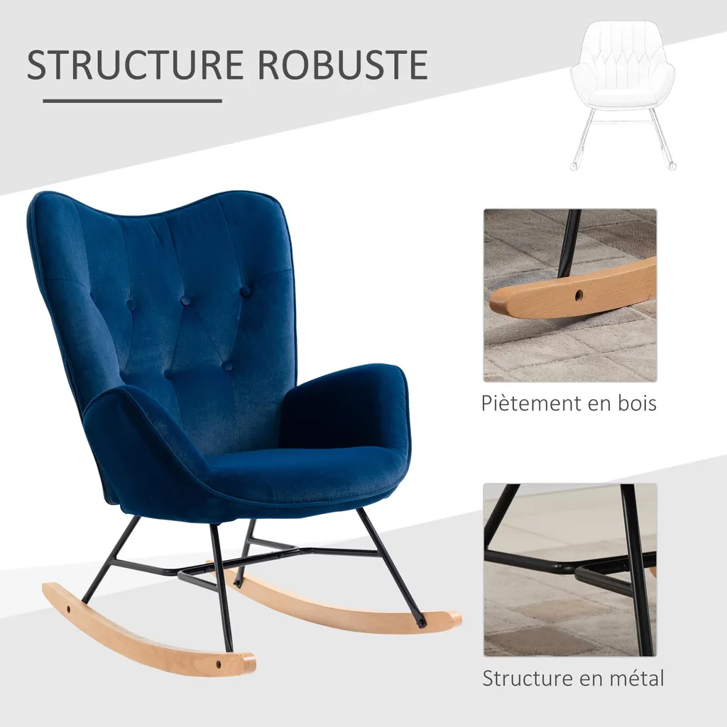 Fauteuil à Bascule Structure Bois et Métal, Assise Moelleuse Bleue