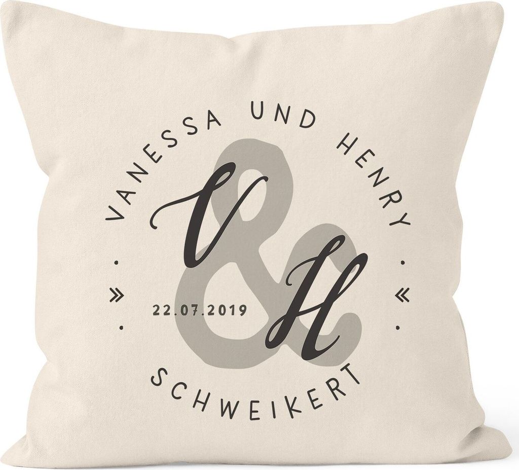personalisierbares Kissen zur Hochzeit mit Namen und Datum Stempel-Design Initialen Hochzeitsgeschenk Kissenhülle SpecialMe natur unisize