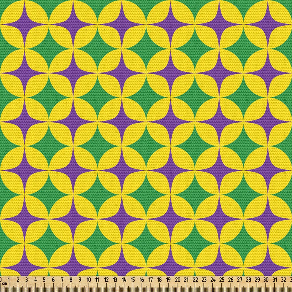 ABAKUHAUS Karneval Gewebe als Meterware, Retro-Muster mit Sternfiguren Kreismotive Maskerade Design, 3 M (148 x 300 cm), Grün Gelb Lila