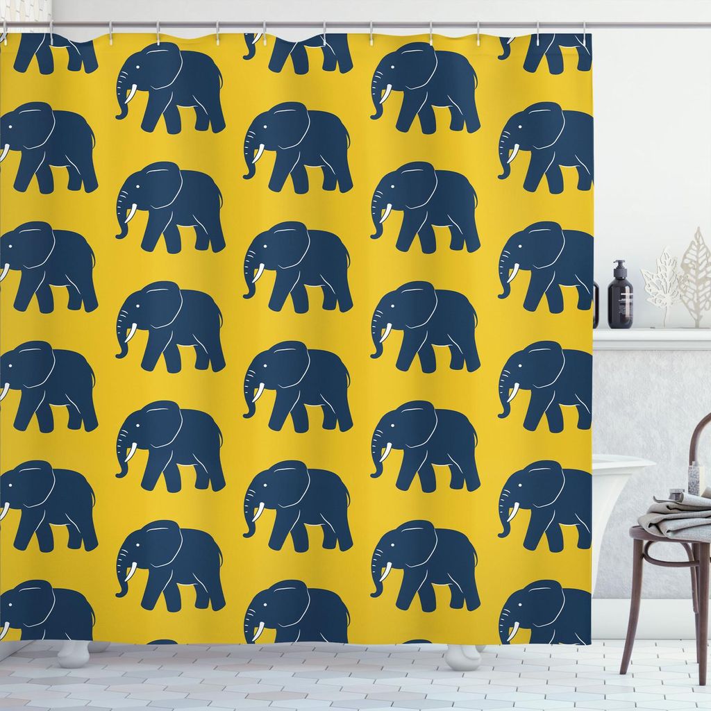 ABAKUHAUS Tiere Duschvorhang, Blue Elephant Muster African Style Schnauzen und Hörner, 175 x 180 cm, Dark Blue Erde Gelb