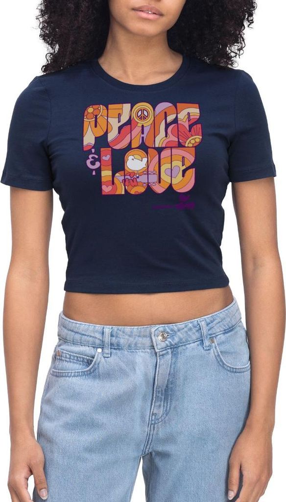 Spreadshirt Woodstock Peace Love Hippie Design Crop Top, M, Light Navy