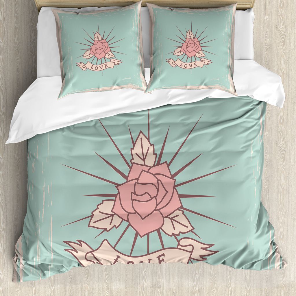 ABAKUHAUS Blau und Pink Bettbezug Set für Einzelbetten, Vintage Rose und Liebe, Milbensicher Allergiker geeignet mit Kissenbezug, 155 cm x 220 cm ...
