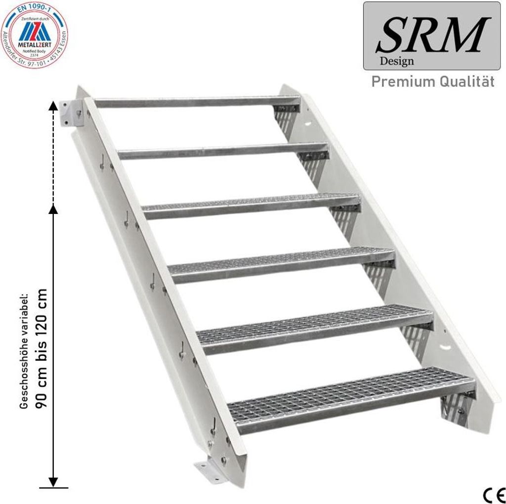 6 Stufen Stahltreppe Weiß Breite 80 cm Geschosshöhe 90 - 120 cm ohne Geländer