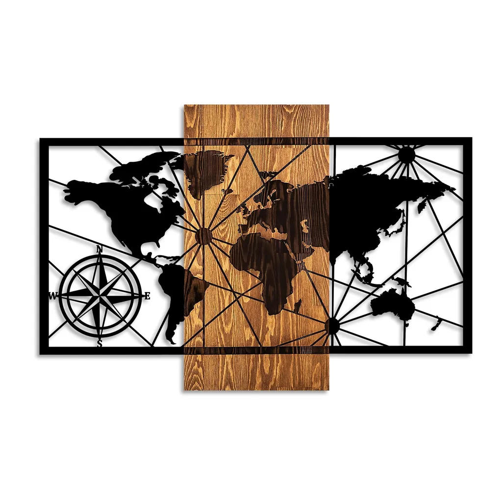 Wallity, Mappa del mondo 3-M, Accessorio decorativo da parete in legno, 100 % LEGNO / METALLO, Noce, 57 x 84 cm - 5