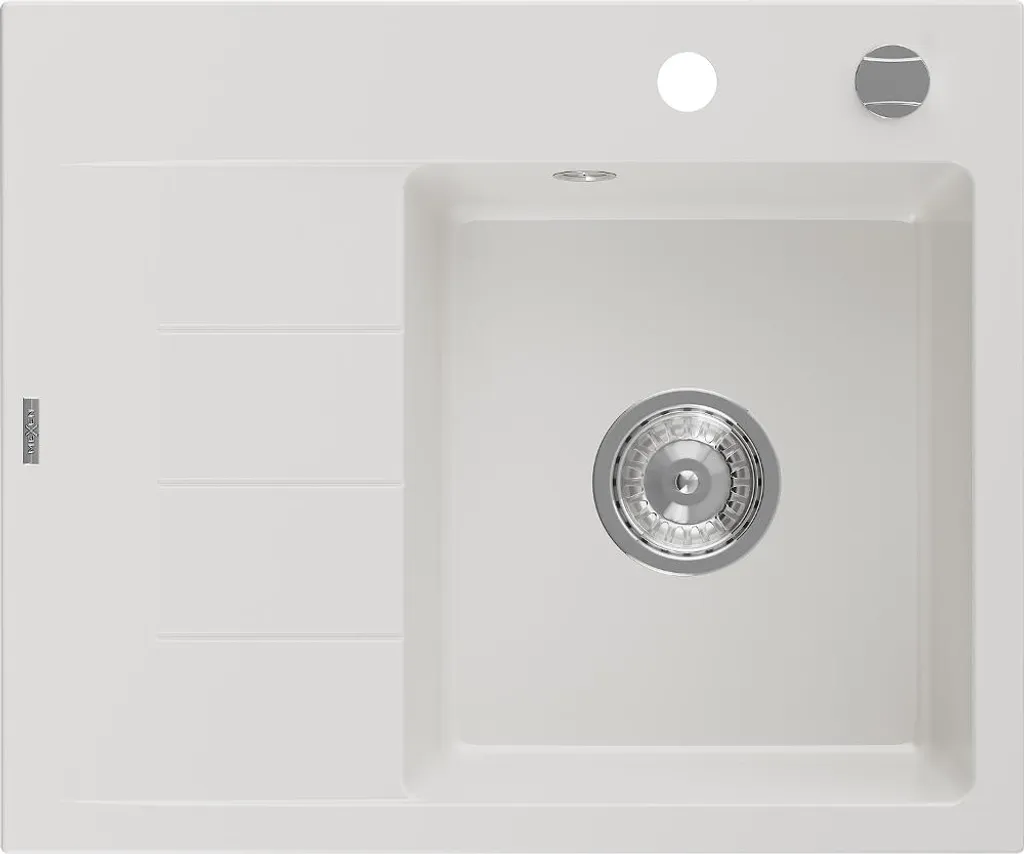 Mexen Ben lavello in granito 1-vasca con sgocciolatoio, destro 600 x 500 mm, bianco, sifone cromato - 6523605000-20