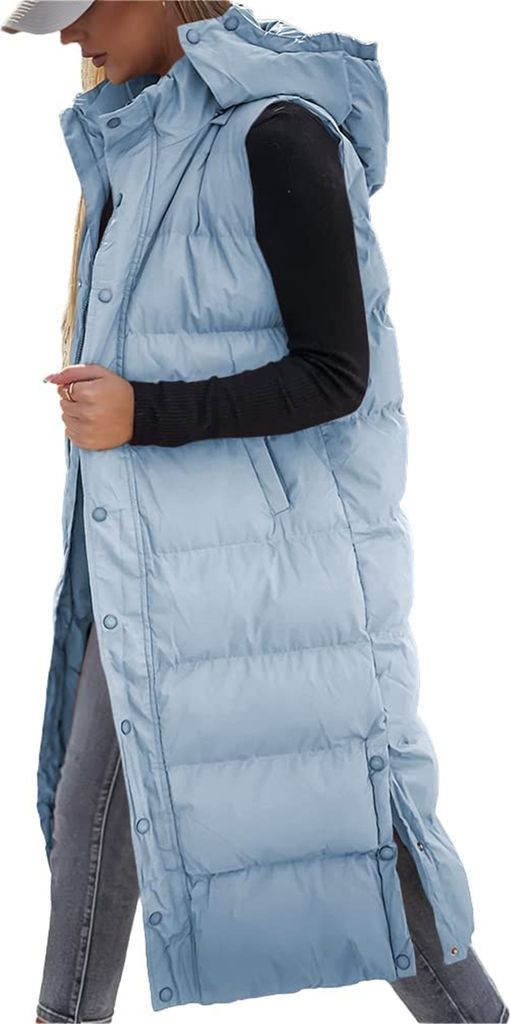 ASKSA Damen Weste Lange Steppweste Daunenweste Gesteppte mit Kapuze Winter Warm Baumwolle aermellos Sportweste Mantel (Blau,3XL)