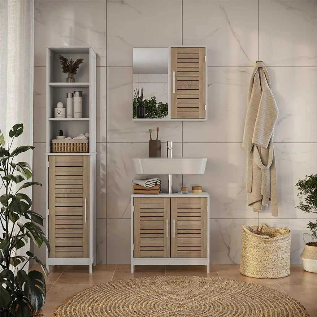 Ensemble salle de bain design blanc et chêne Vicco Looma 3 pièces robuste