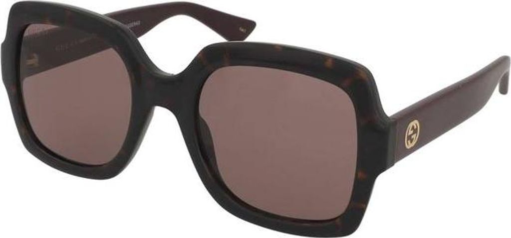 A pair of tortoiseshell sunglasses with brown lenses, shown from a side-angle.