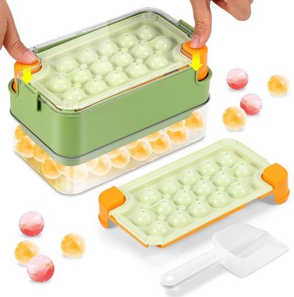 Eiswürfel-Form mit Deckel und Behälter - 2 Stück Runde Eiswürfel-Formen + Eishebel + Eisbehälter, Leicht zu entfernende Eiswürfel-Formen