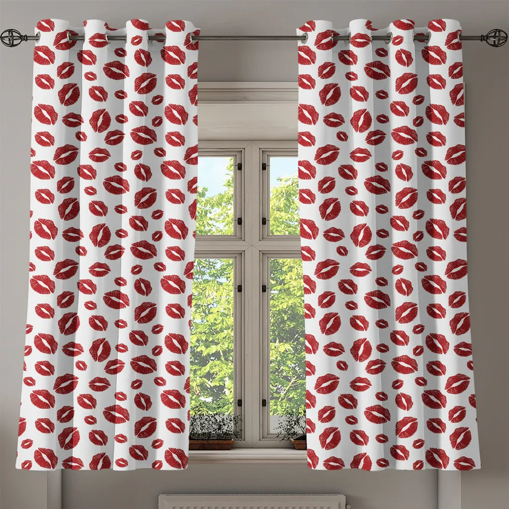 ABAKUHAUS Tenda con occhielli Kuss, "Illustrazione contemporanea in stile pop art con labbra femminili sexy, hippie urbano e San Valentino", tende decorative a 2 pannelli per finestre, 280 cm x 245 cm, rubino e bianco - 2