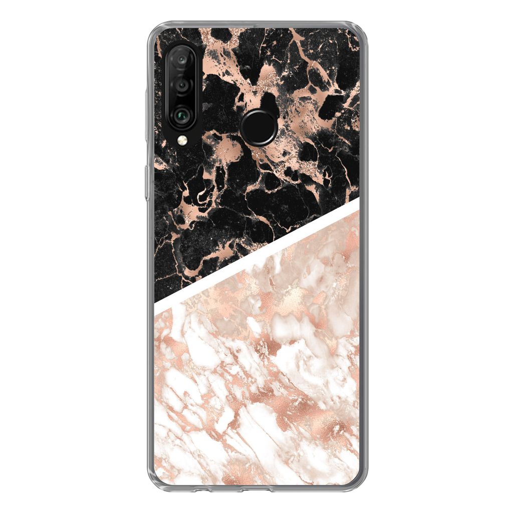 MuchoWow Handyhülle Schutzhülle Hülle für Huawei P30 Lite Marmor - Rosa - Weiß - Schwarz Silikon Softcase Handy Hülle - Handyhülle