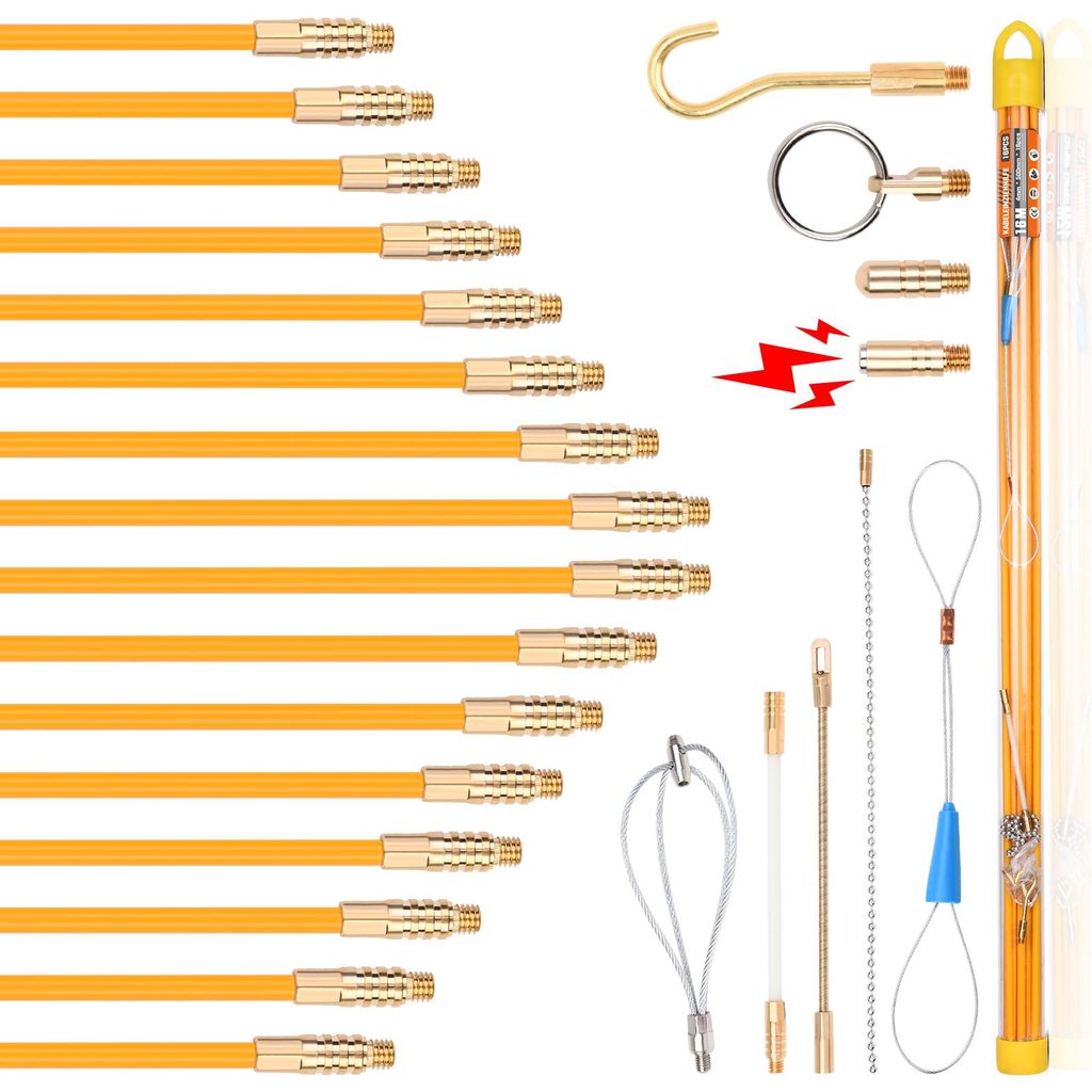 25-tlg Kabelziehhilfe Zugdraht für Leerrohre, 9-Adapter, Fiberglas & Kupferlegierung, M5 Kabelstangen Einziehfeder Kabelziehband für Kabel Glasfaser