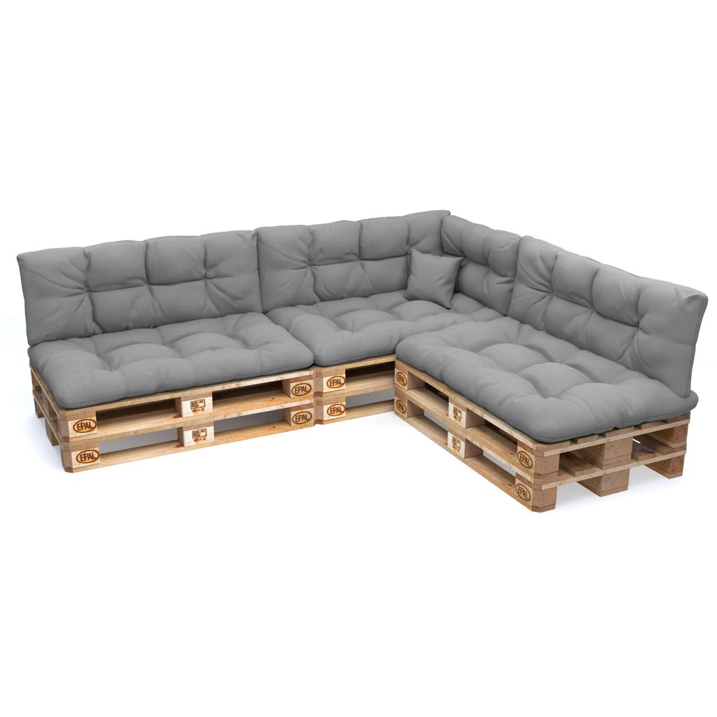 A sectional sofa made from wooden pallets with gray cushions, shown against a white background.