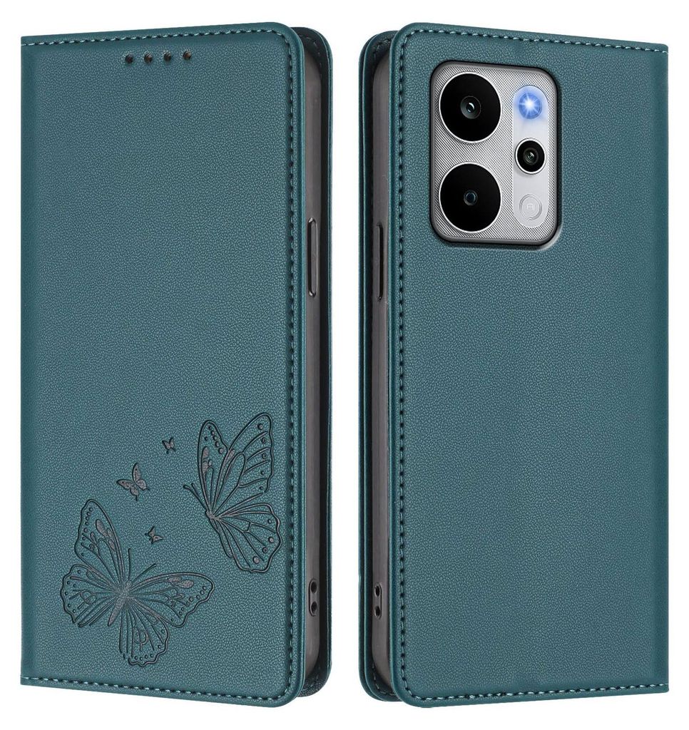Lederhülle für Realme P4 Power, Schmetterling Prägung Leder Brieftasche Schutzhülle mit Ständer Grün