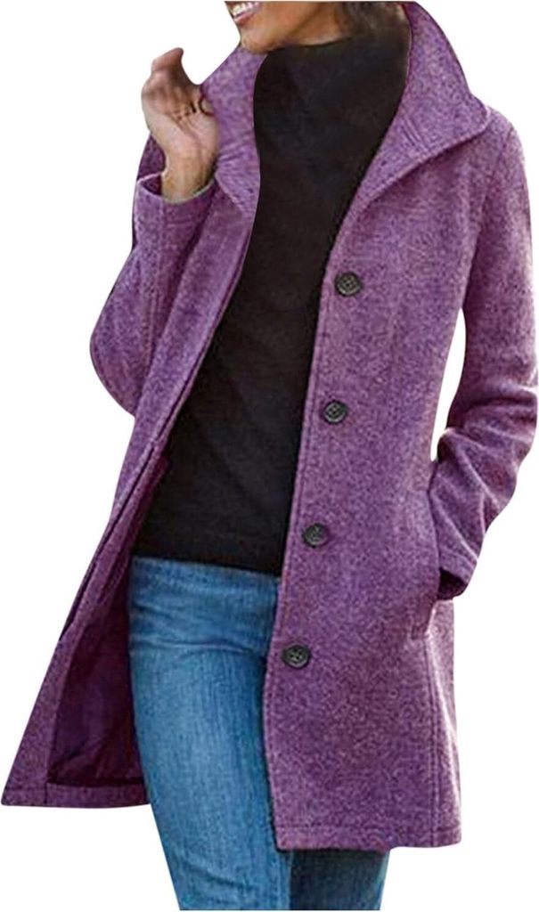 ASKSA Damen Warme Lang Herbst Mantel Locker Trenchcoat Longline Winterjacke Mit Taschen Wollmantel Hemdjacke Wool Coat,Lila,XL