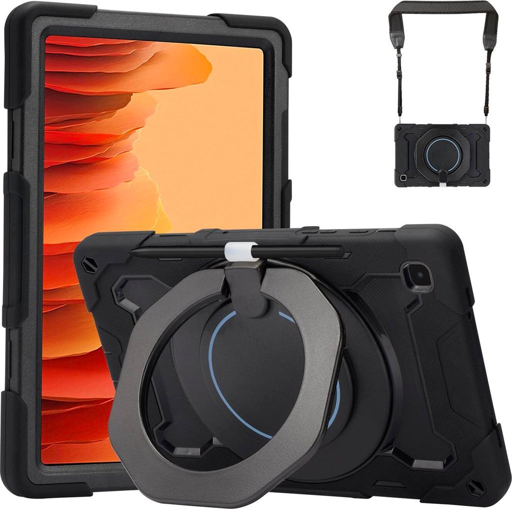 Conie Tablet Umhänge Tasche für Samsung Galaxy Tab A7 Lite Hybrid Case stabile Schutz Hülle PEN Halter Kantenschutz Aufstellfunktion in Schwarz