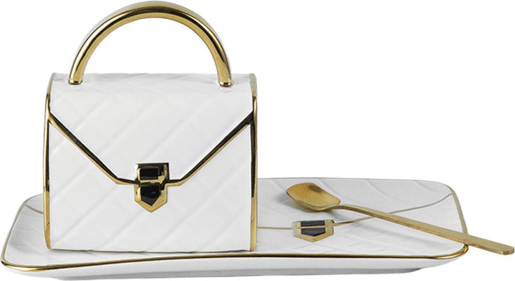 310 ml Handtaschenförmiger Becher mit Löffel, stilvoller Keramik-Kaffeebecher, weiß