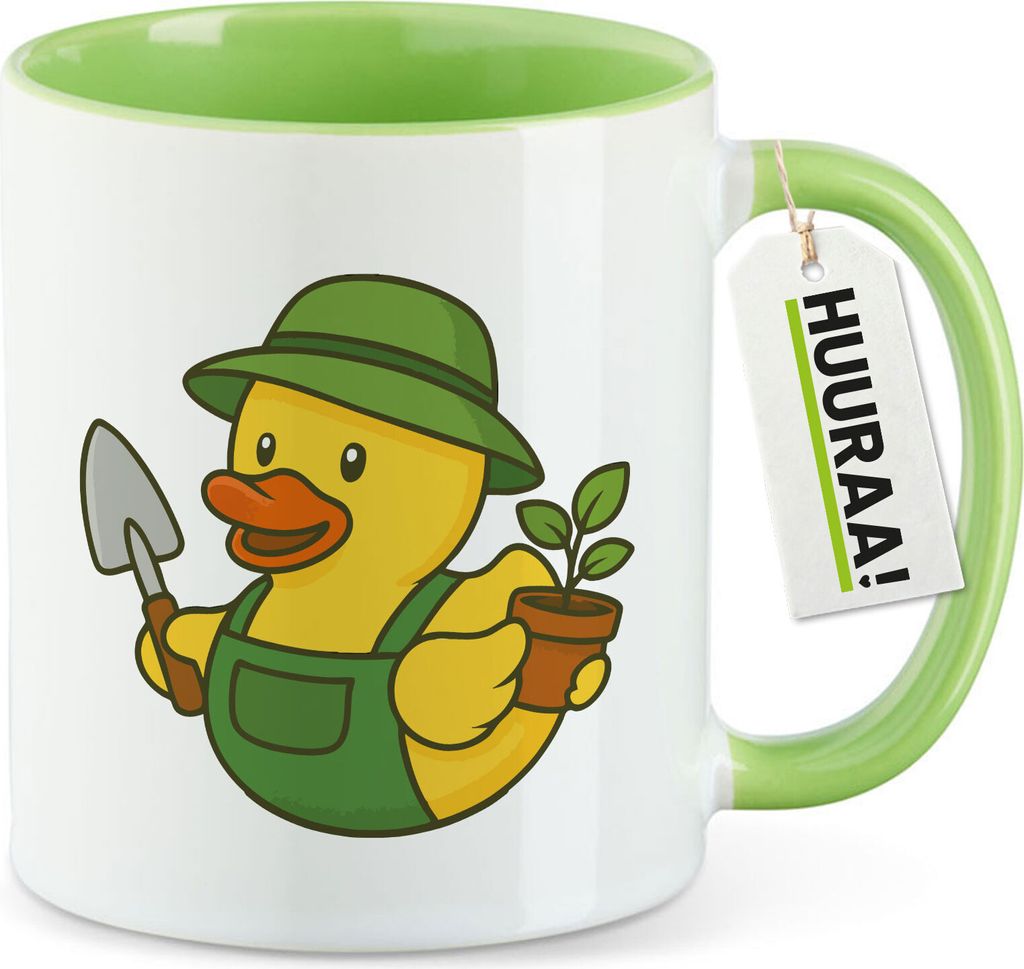 Huuraa Kaffeetasse Quietscheente Gartenbau Comic Gummiente 330ml Grün Keramik Kaffeebecher Geschenkidee