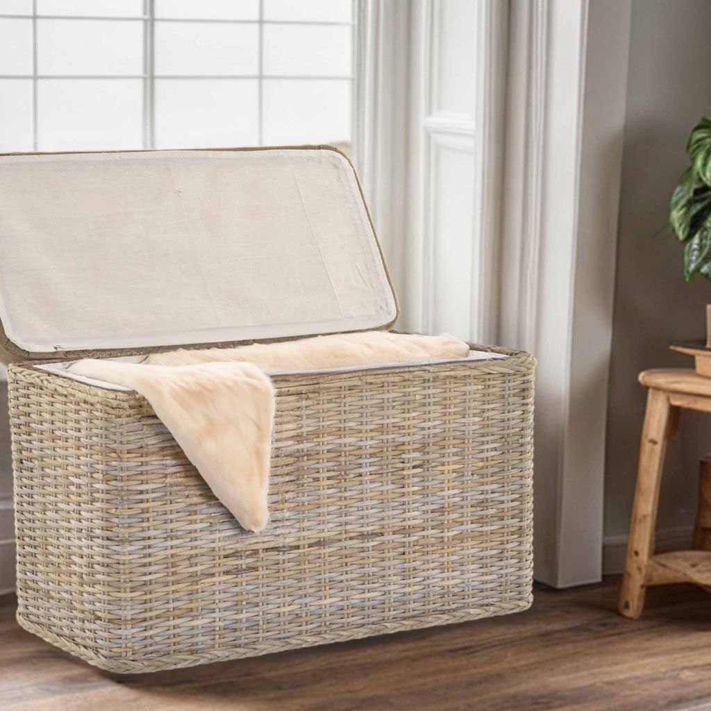 KRINES HOME Rattan Wäschekorb Grau Natur Rechteckig
