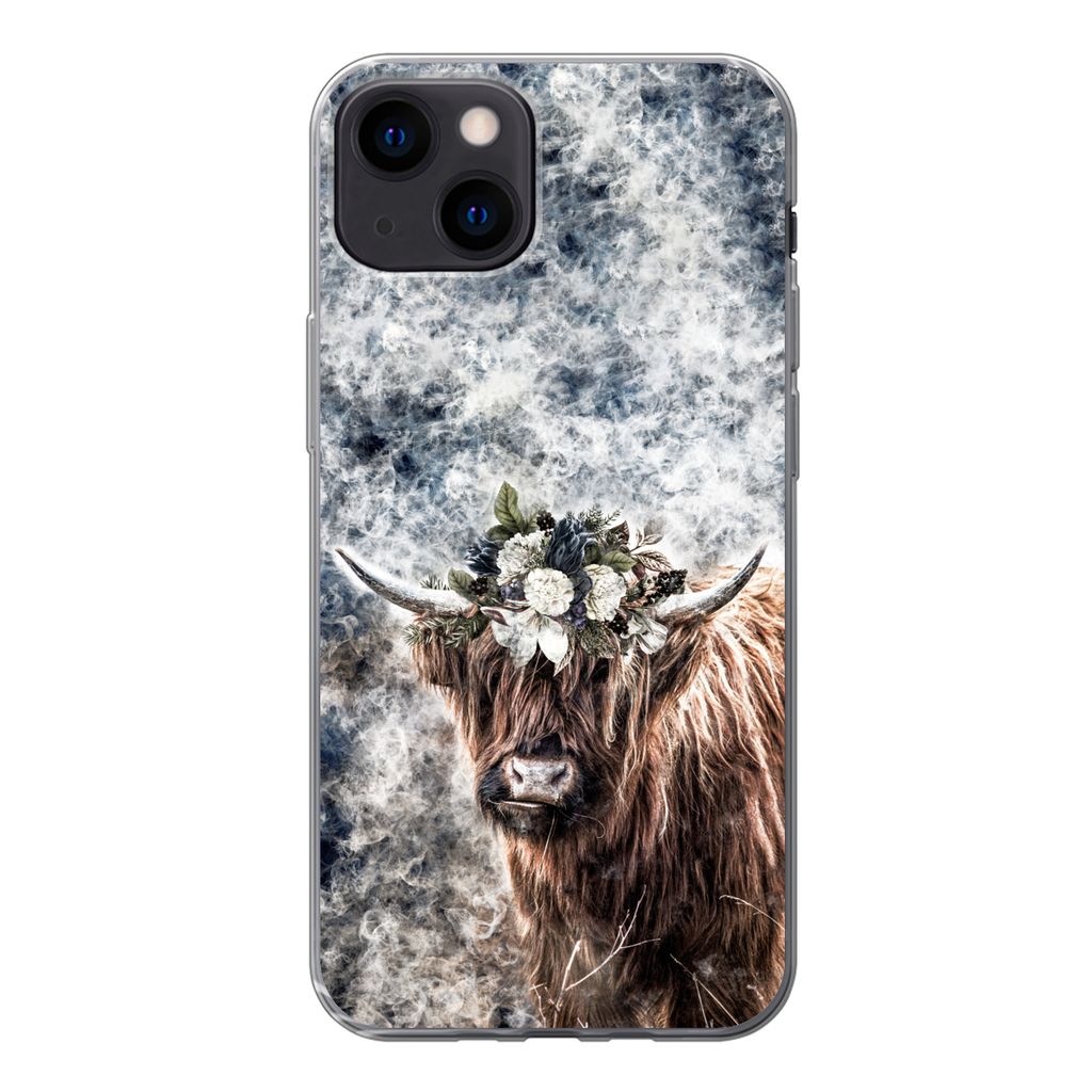 MuchoWow Handyhülle Schutzhülle Hülle für iPhone 13 Schottischer Highlander - Rauch - Blumen Silikon Softcase Handy Hülle - Karteninhaber