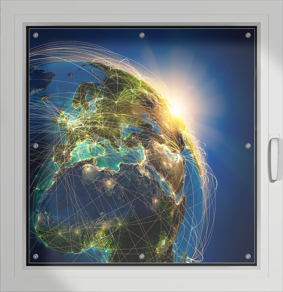 Wallario Lichtschutzbild, Dekorativer Sichtschutz Sonnenschutz 96 x 93 cm mit Motiv: Erde im Weltall im Sonnenschein - Verdunklung ohne Bohren