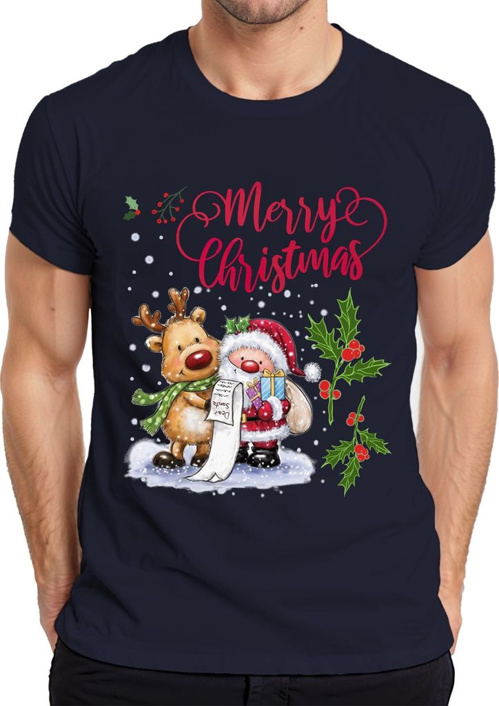 Merry Christmas Santa Rentier Wunschliste Mistelzweig - Weihnachten Weihnachtsgeschenk Herren T-Shirt, Navy, L