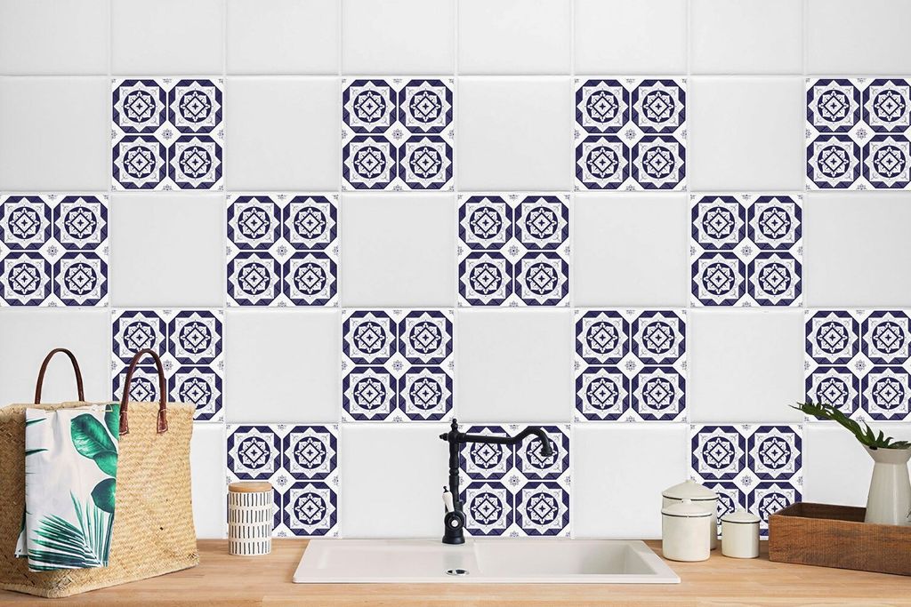 24 Stück Laminierter Fliesenaufkleber Wandtattoo Aufkleber Bad Küche Geometrische Blumen 15 x 15 cm