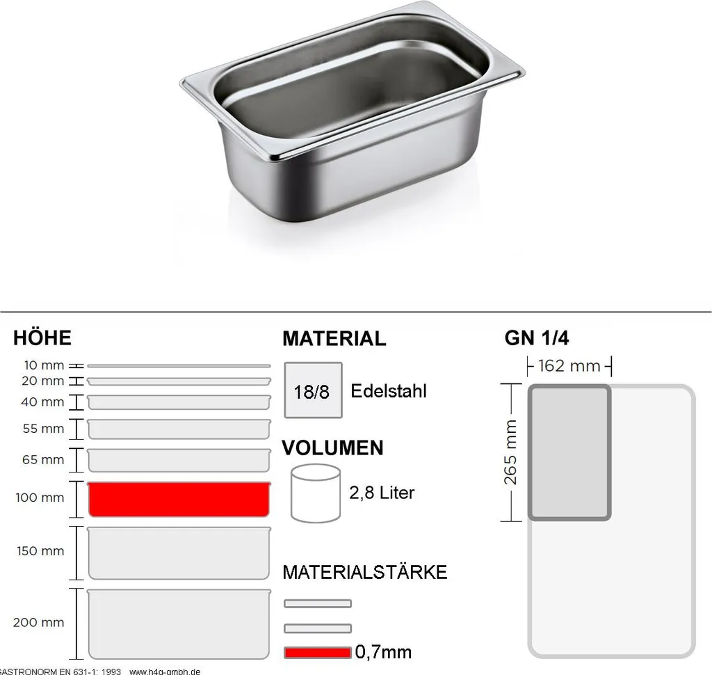 Vaschetta Gastronorm GN 1/4 Inox 18/8 H100mm GN90 Certificata