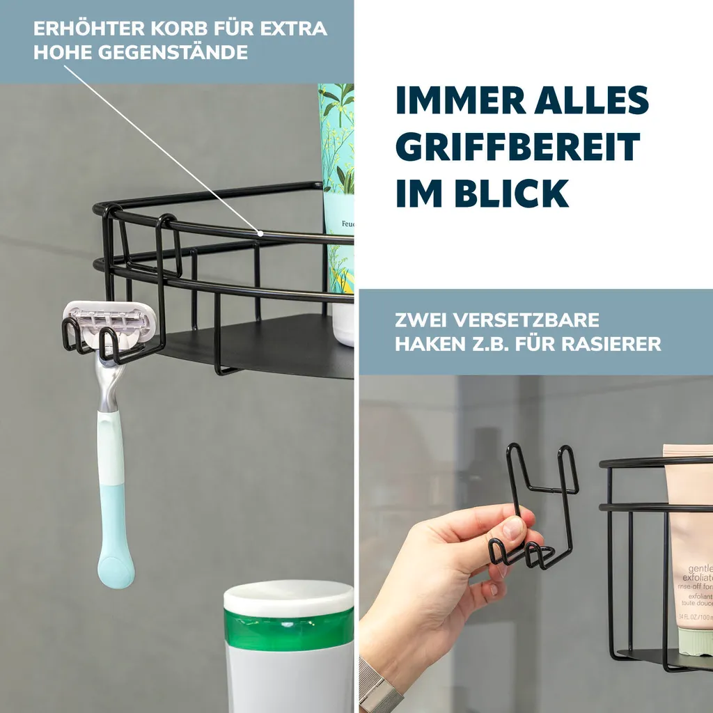 Rangement de douche télescopique pour angle, étagère noire sans perçage - 4