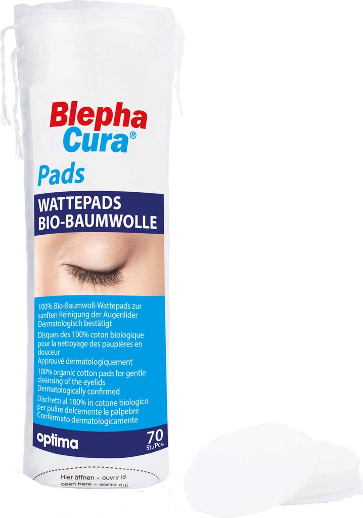 BlephaCura Pads, Baumwoll-Wattepads zur sanften Reinigung der Augenlider, 100% Baumwolle, bestätigt, 70 St. Tupfer