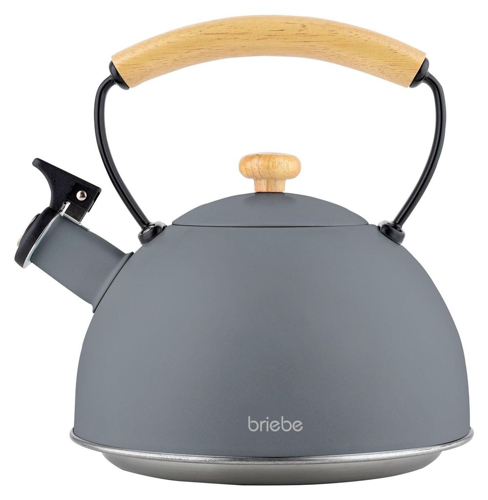 A gray kettle with a wooden handle and lid knob, set against a white background.