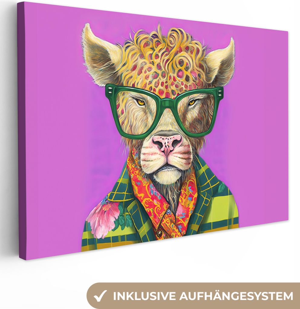 OneMillionCanvasses - Leinwandbilder - 140x90 cm, Brille - Tier - Schottisches Hochlandrind - Blumen - Hippie, Wandbilder Kunstdruck Wanddekorati...