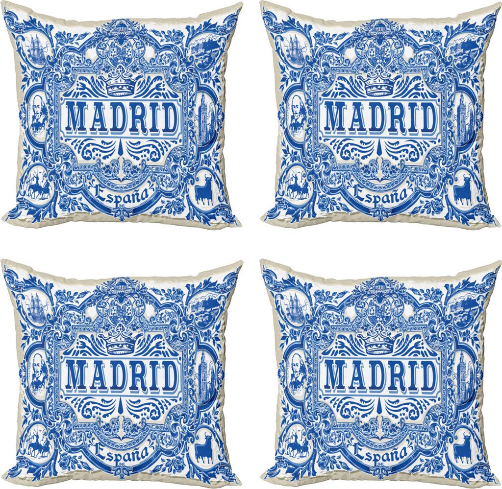 ABAKUHAUS Spanisch Kissenbezug Set (4 Stück), Madrid Kalligraphie Tile, Moderner Doppelseitiger Digitaldruck, 50 cm x 50 cm, Marine-Blau-Weiß Nat...