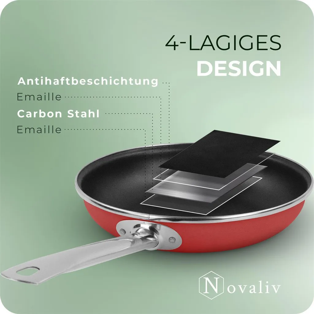 Padella Novaliv a risparmio energetico 28 cm Risparmio fino al 40% - Acciaio smaltato, rivestimento antiaderente interno, molto facile da pulire, rosso, padella per tutti i tipi di cucina Lavabile in lavastoviglie Manico in acciaio inox - 5