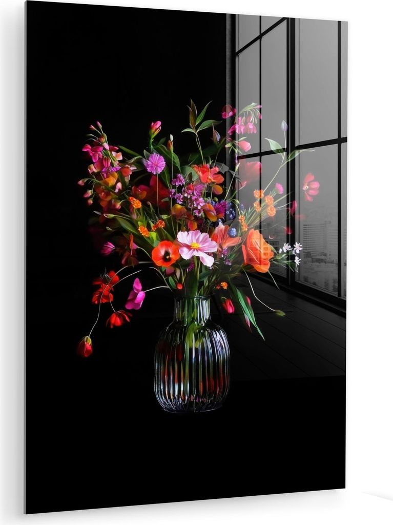 MuchoWow Glasbilder - Bilder auf Wandbild - Foto auf Glas Blumenstrauß - Feldblumen - Vase 60x80 cm Wanddekoration aus Glas - Acrylglasbild - Acry...